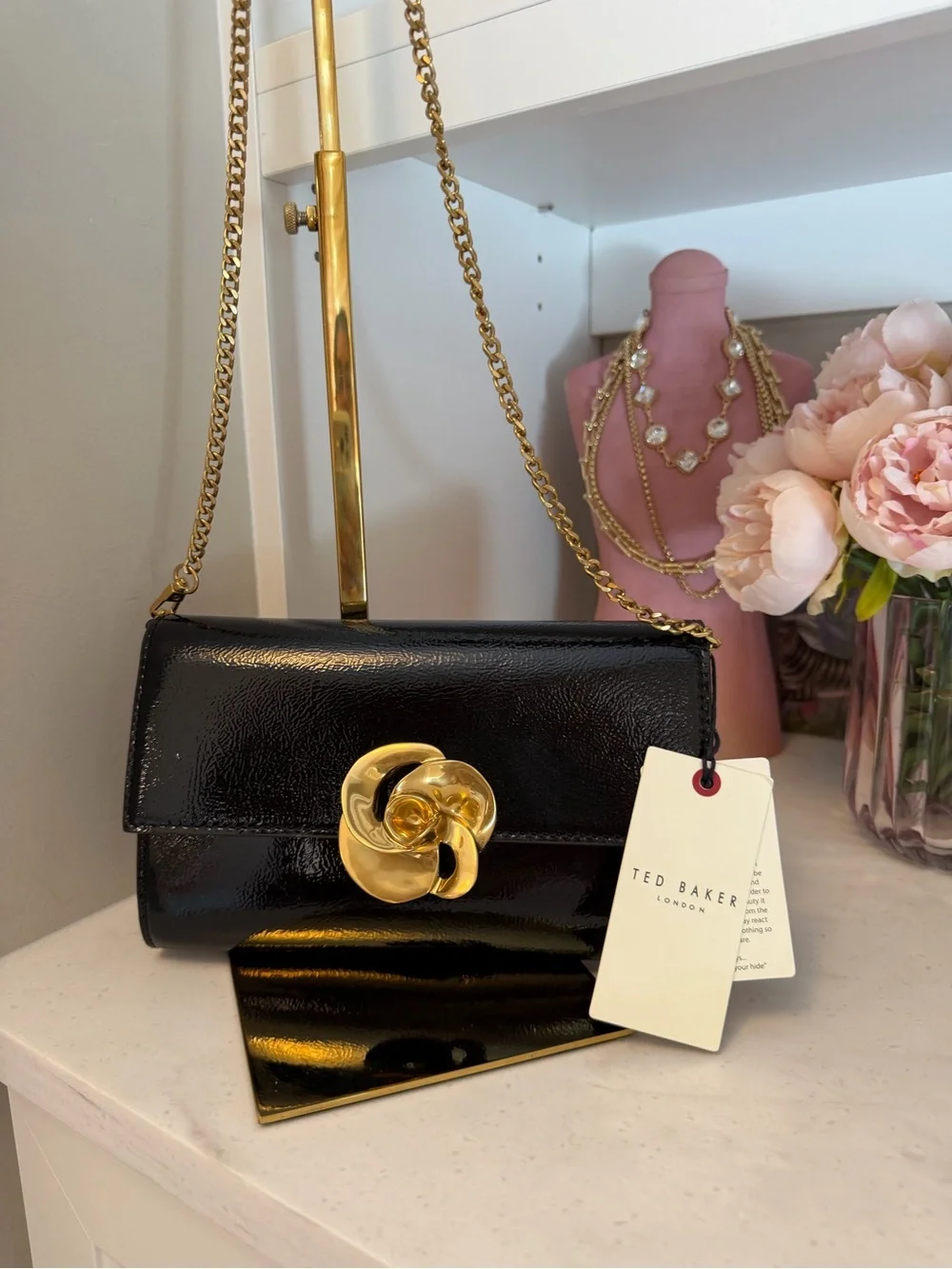 Ted Baker Black Patent Crossbody Bag with grand Gold Floral Clasp